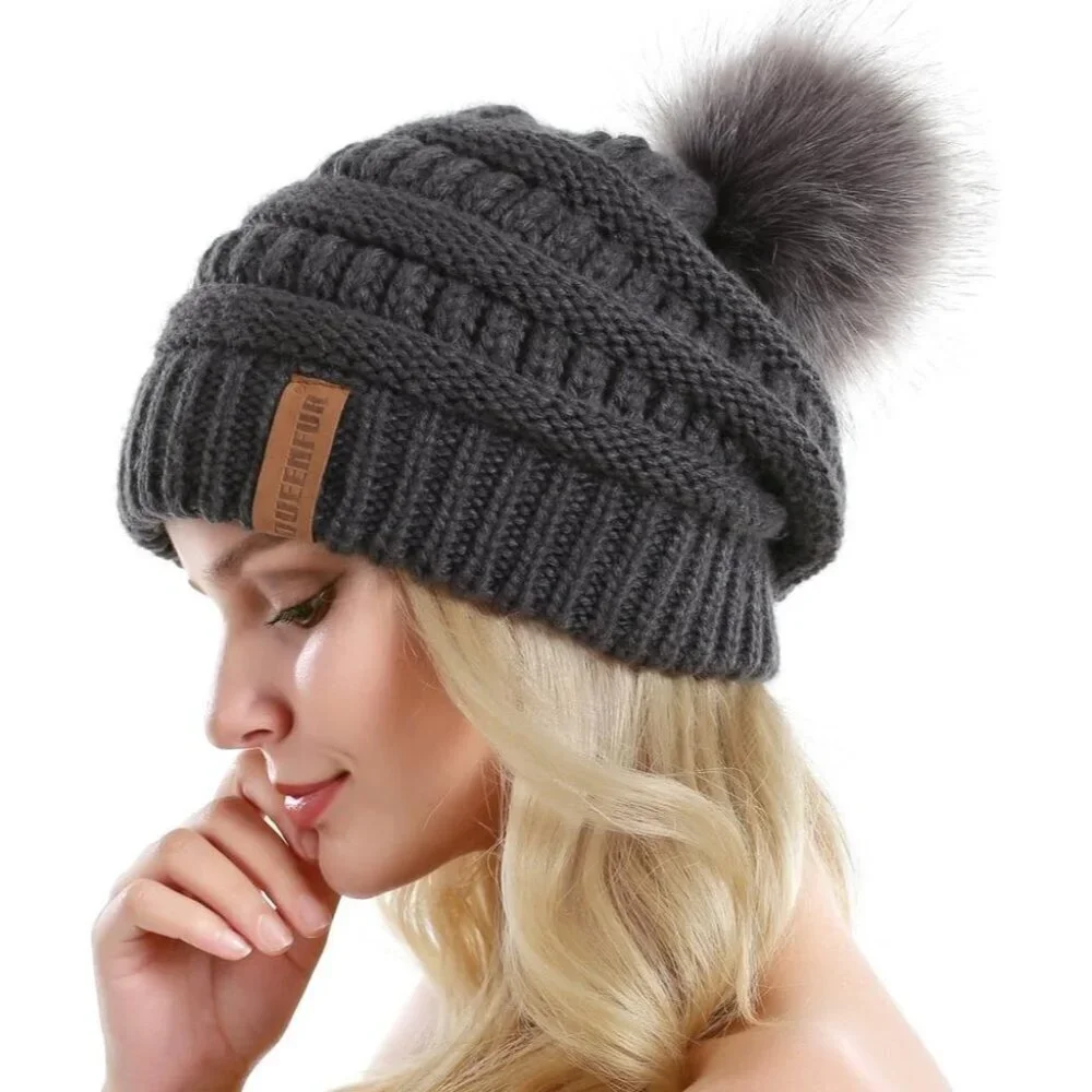 Queenfur Knit Slouchy Beanie for Women Thick Baggy Hat Faux Fur Pompom Hat - Picture 3 of 6